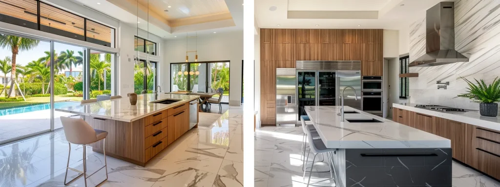 Mastering Contemporary Kitchen Design in Florida: Your Guide 1 a sleek, minimalist kitchen with bright pops of color, clean lines, and modern appliances against a backdrop of palm trees and sunshine in a florida home.
