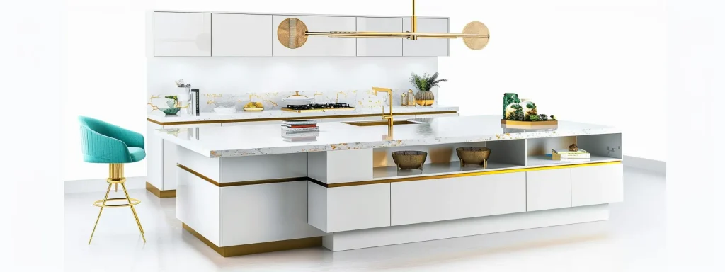 Latest Florida Modern Kitchen Cabinet Trends Revealed 9 a sleek, white modern kitchen with vibrant pops of teal and gold accents.